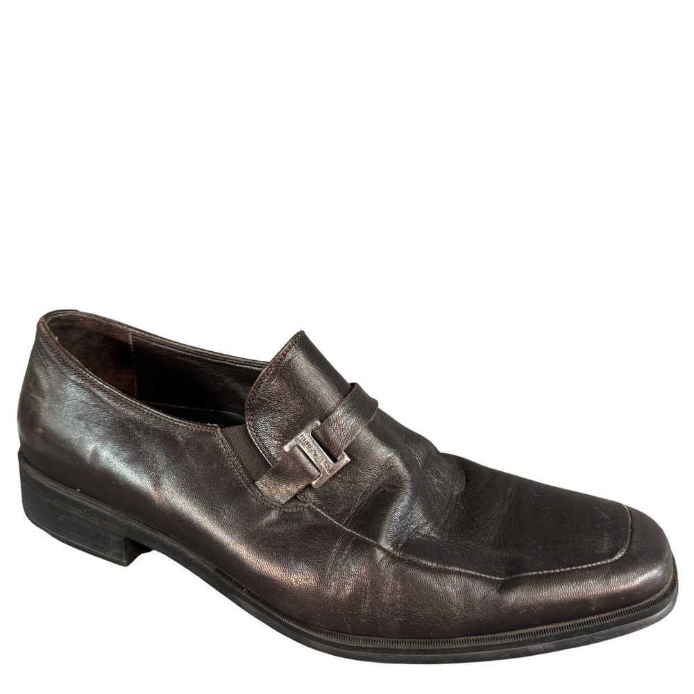 Bruno Magli PIVETTO Brown Leather Loafers Square Toe Silver Hardware Mens 10.5 M